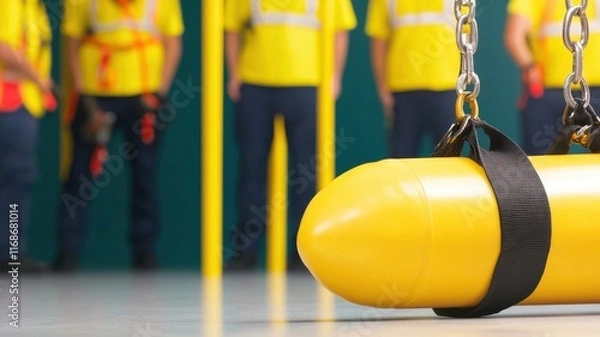 Fototapeta life-saving concept. Safety equipment in a training environment with workers in the background.