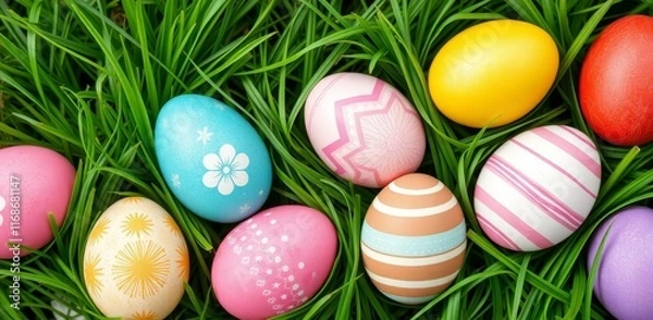Obraz Decorated Easter eggs with colorful patterns arranged on fresh green grass. Easter celebration and springtime tradition concept