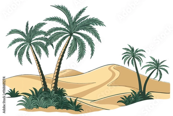 Fototapeta An illustrated desert with stylized sand dunes and four cartoon-like green palm trees. The plants are surrounded by bushes, creating a vivid, isolated on a transparent background