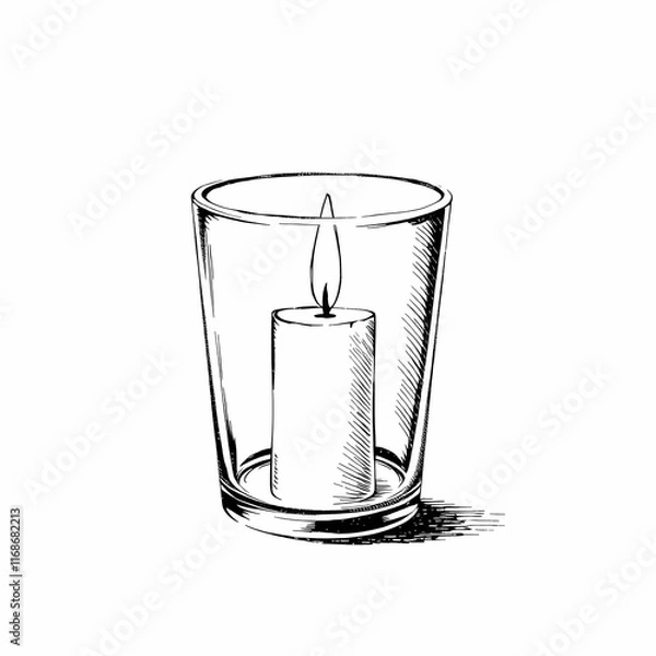 Fototapeta Candle in Glass Holder: Hand-drawn illustration of a single candle burning inside a glass holder. Simple, elegant, and peaceful. Perfect for adding a touch of serenity to your designs. 