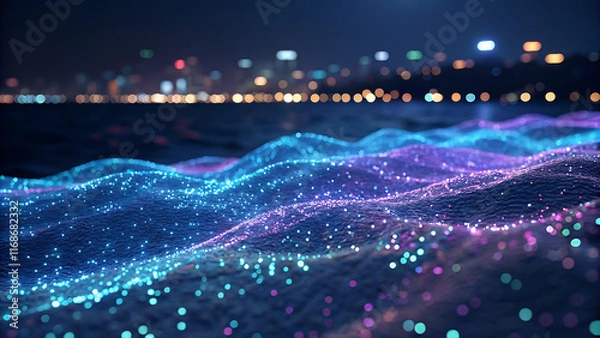 Fototapeta A 3D abstract scene of shimmering particles in vibrant blues and purples, resembling water, set against a dark background with blurred city lights