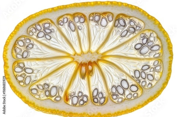 Fototapeta Bright and Fresh Lemon Slice with Intricate Details Showcasing Seeds and Juicy Pulp, Perfect for Culinary or Health-Related Themes in Stock Photography