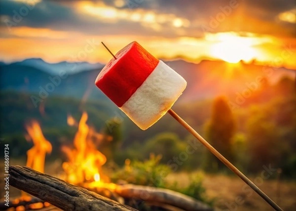 Fototapeta Indonesian Flag Marshmallow Roast: Drone Shot of Patriotic Dessert Burning on Stick