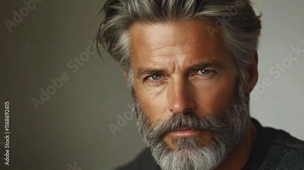 Fototapeta A close-up portrait of a man with grey hair, a long beard, and blue eyes looking directly at the camera
