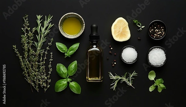 Fototapeta Overhead View of Culinary Herbs, Spices, Ingredients & Aromatic Seasonings on Dark Background - Artistic Flat Lay Composition for Gourmet Cooking & Food Photography