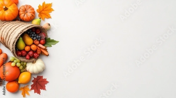 Fototapeta A cornucopia of autumn fruits and vegetables with leaves and pumpkins.