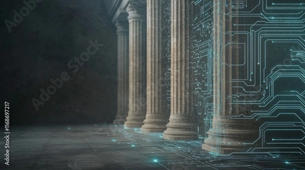 Obraz Digital Evolution: Stone Pillars Converging with Circuit Lines in AI Government Concept Image
