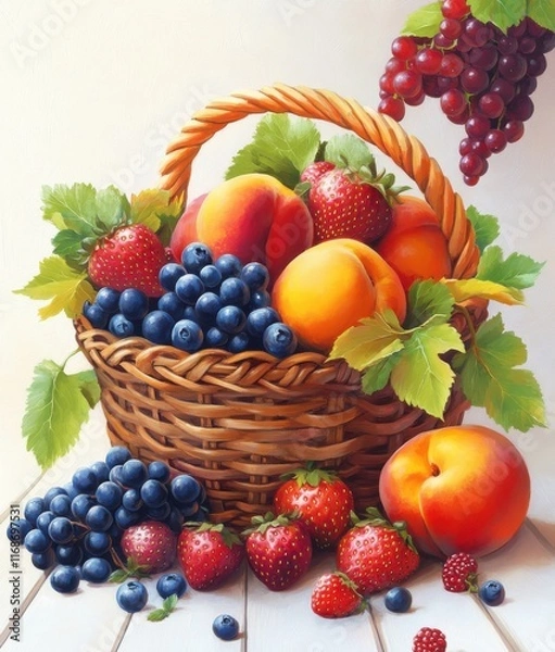 Obraz Colorful Harvest Basket Filled with Fresh Fruits Including Peaches, Strawberries, Blueberries, and Grapes in a Bright and Sunny Setting