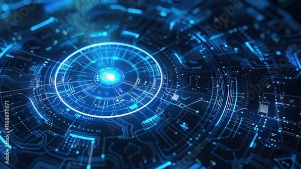 Fototapeta Abstract digital technology background with glowing circular interface.