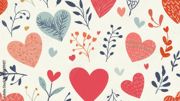 Fototapeta Whimsical love pattern with red and pink hearts and floral elements