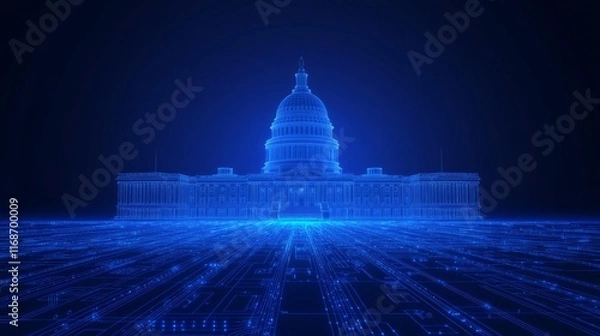 Obraz Illuminated Government Building Silhouette in Futuristic Circuit Paths on Deep Blue Background - Ultra-Detailed AI Concept Image