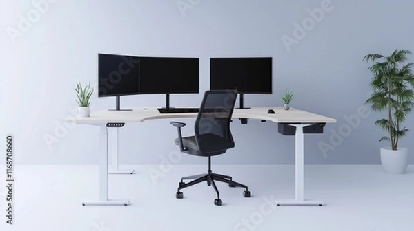 Fototapeta Ergonomic Workspace: Professional Demonstrating Proper Posture at Dual Monitor Corner Desk with Cinematic Touch