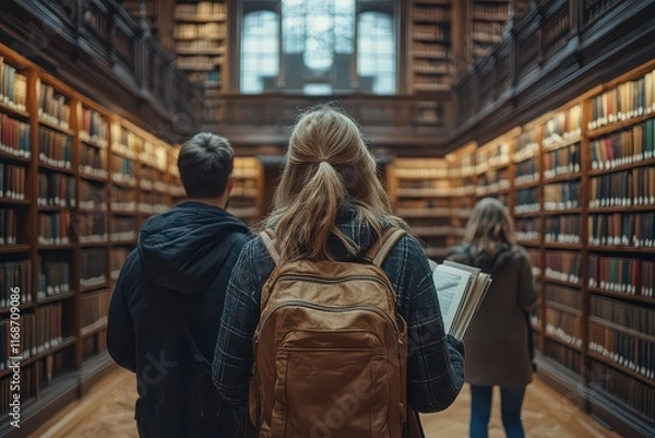 Fototapeta Librarian Assists Visitor in Peaceful Library Setting