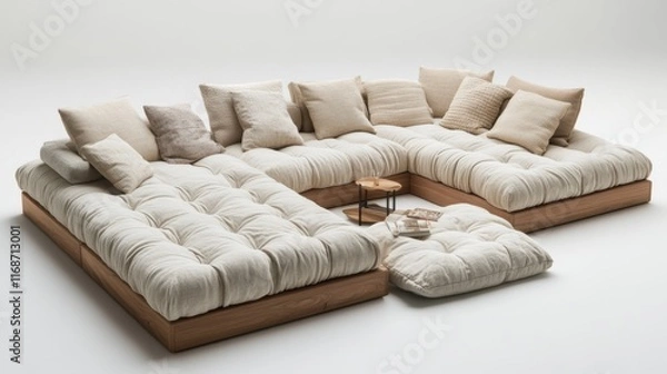 Fototapeta Cozy contemporary lounge setup with plush cushions inviting relaxation in a minimalist space