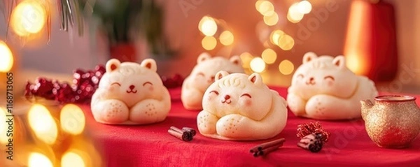 Fototapeta Chinese new year dessert Red bean paste buns shaped like Chinese zodiac animals, glowing golden light and festive red tablecloth creating a playful setup