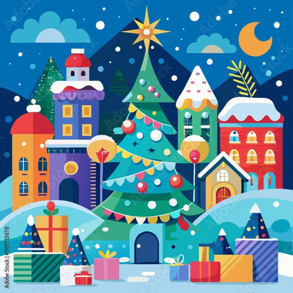 Fototapeta A whimsical Christmas vector illustration of a snowy winter village with decorated houses, a castle, and a Christmas tree, perfect for holiday greeting cards