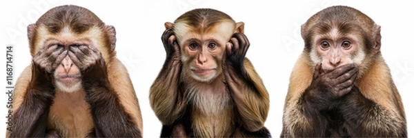 Fototapeta Illustration of three wise monkeys, see no evil, hear no evil, speak no evil, isolated on white background