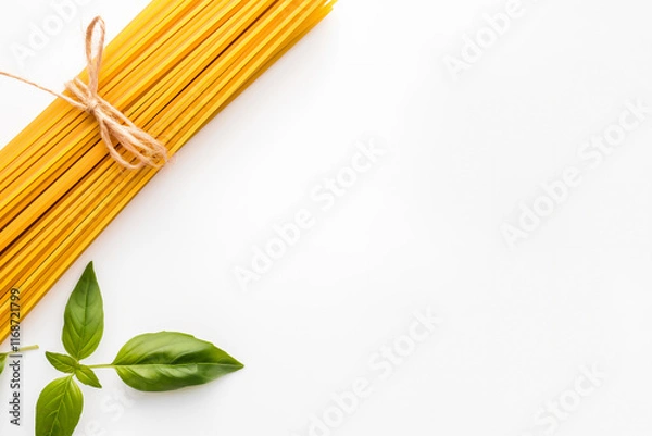 Fototapeta A bundle of uncooked spaghetti tied with rustic twine, placed on a white background alongside fresh green basil leaves, creating a fresh and organic food presentation. Copy Space 