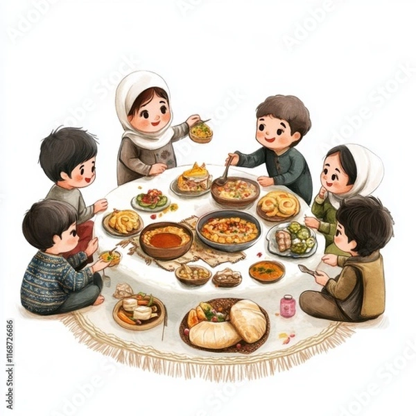 Fototapeta A  child Sharing Iftar with Friends 