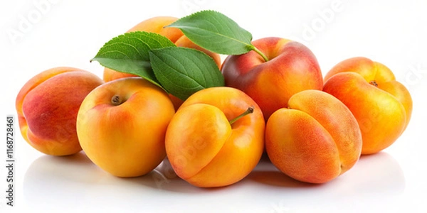 Fototapeta Fresh apricots are gathered together on a smooth white surface, showcasing their vibrant orange color and green leaves. This arrangement highlights their natural beauty and freshness