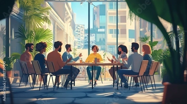 Fototapeta Group of neighbors holding a planning session in an open-air downtown cafe