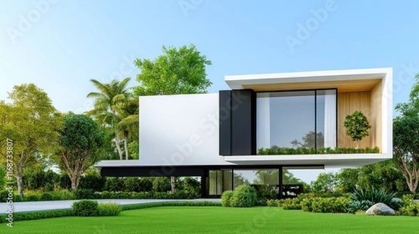 Fototapeta Modern house design with greenery and a sleek aesthetic.