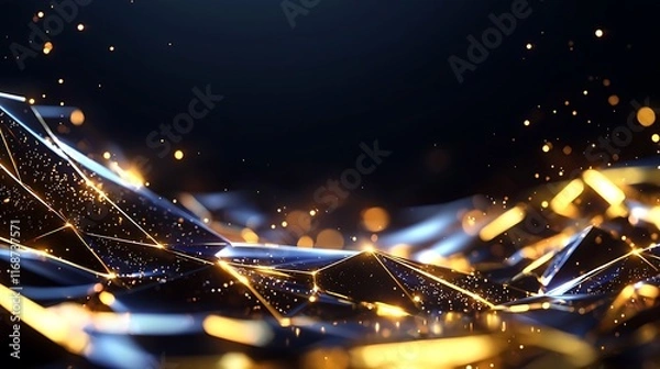 Fototapeta Abstract dark blue and gold geometric shapes with glowing particles.