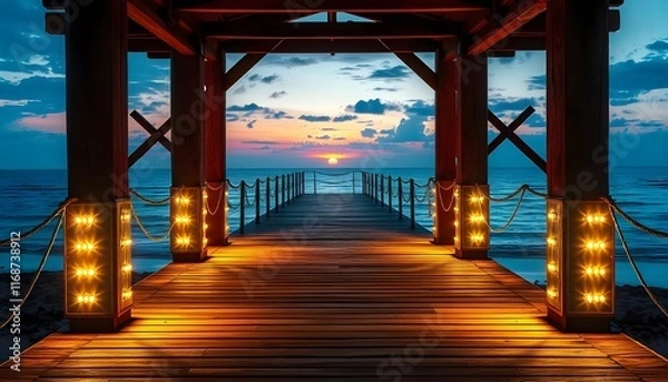 Fototapeta A wooden pier path, illuminated by the warm glow of LED lights, stretches out like a welcoming ribbon, offering a panoramic view of the tranquil ocean at sunset, creating a serene and enchanting atmos