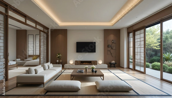 Fototapeta A modern home's living room features a Japanese-inspired interior design with minimalist furniture, shoji screens, and traditional tatami mats, creating a serene and harmonious space