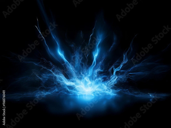 Fototapeta A vibrant blue energy burst explodes from a central point, radiating outwards against a stark black background.  The light is intense, creating a dynamic and powerful visual.