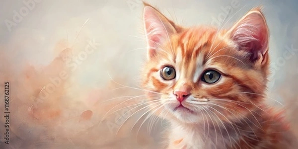 Fototapeta A heartwarming portrait of an orange kitten, its curious gaze captivating, set against a soft, blurred background, conveying innocence and gentle charm