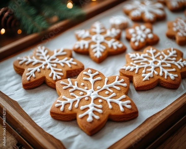 Fototapeta Festive Gingerbread Close-Up with Icing Patterns on Rustic Tray