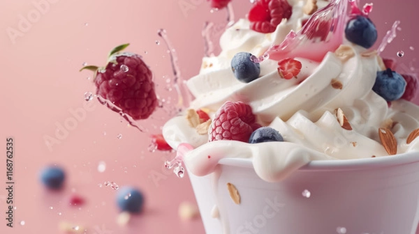 Fototapeta Yogurt Ice Cream with Fruit Toppings for Breakfast on Pink Background Side View