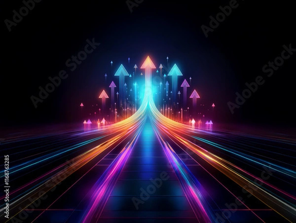Fototapeta Glowing arrows ascend a vibrant, futuristic highway, symbolizing growth and progress on a digital path.  The neon lights illuminate the road ahead, signifying opportunity and advancement.