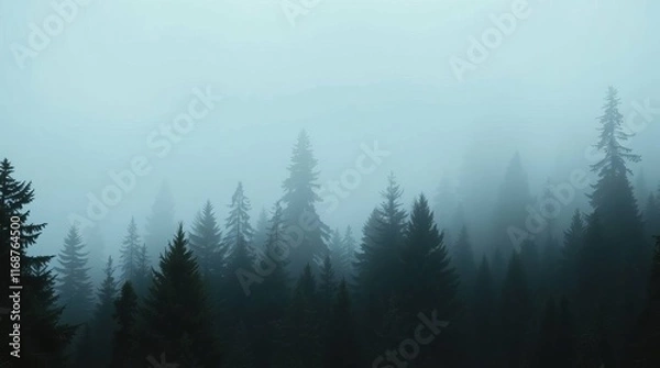 Fototapeta Misty mountain landscape with dense fir forest, enveloped in fog, creating a serene and mysterious natural scene.