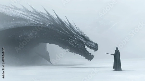 Fototapeta A knight fighting a dragon background side view realistic winter
