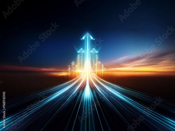 Fototapeta A glowing road stretches to the horizon, converging upward into multiple luminous arrows against a vibrant sunset sky.  It symbolizes progress, growth, and ambition.
