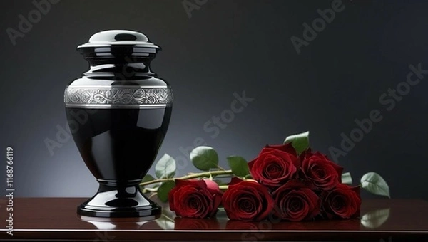 Obraz Black funeral urn with red roses on wooden table against gray background