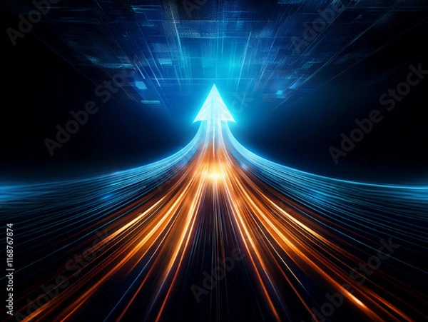 Fototapeta A glowing arrow ascends a dynamic, light-streaked path, symbolizing rapid upward progress and technological advancement.