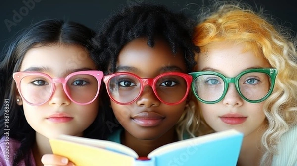 Fototapeta Three girls wearing colorful glasses reading together with focused expressions