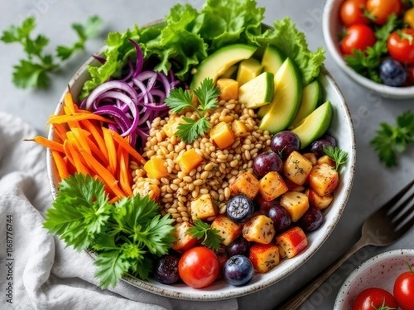 Obraz A vibrant meal bowl featuring a mix of colorful vegetables and wholesome grains. Perfect for health, nutrition, and plant-based lifestyle themes