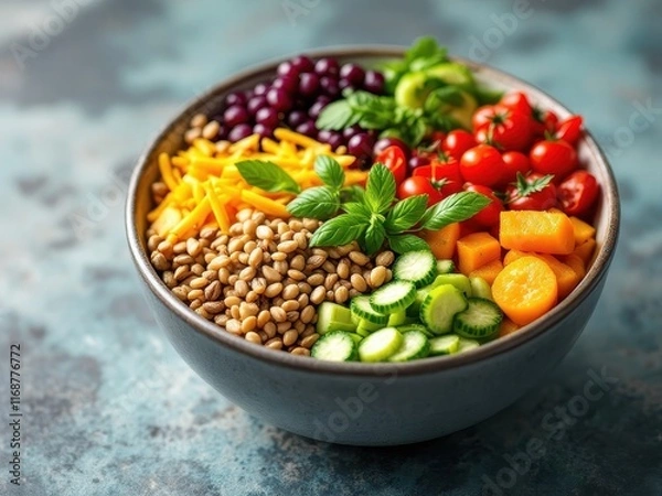 Obraz A vibrant meal bowl featuring a mix of colorful vegetables and wholesome grains. Perfect for health, nutrition, and plant-based lifestyle themes