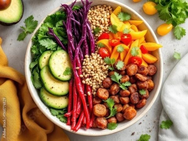 Obraz A vibrant meal bowl featuring a mix of colorful vegetables and wholesome grains. Perfect for health, nutrition, and plant-based lifestyle themes