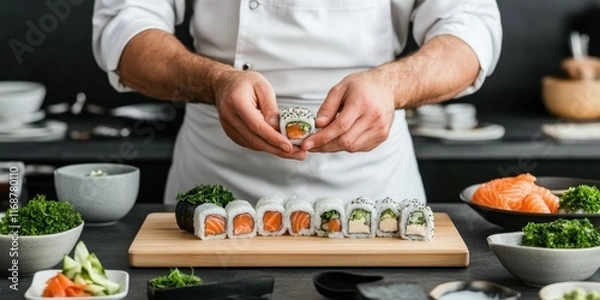 Obraz Expert chef crafting sushi rolls with fresh ingredients in a modern kitchen setting