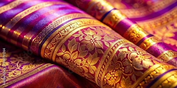 Fototapeta Macro Photography of Vibrant Kanchipuram Silk Saree with Intricate Gold Weave