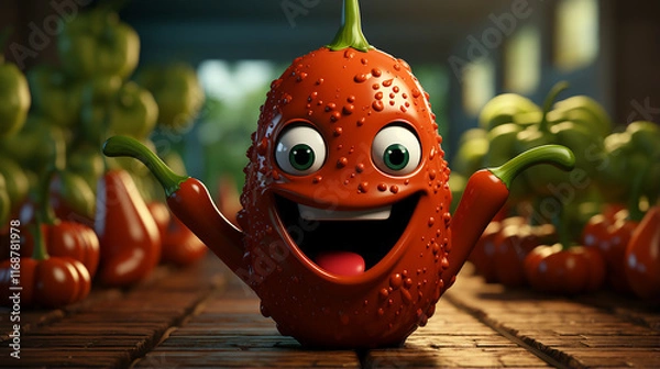 Obraz Anthropomorphic Red Pepper with Cheerful Expression in Rustic Setting - Fun Stock Image