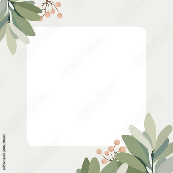 Fototapeta Winter mood greeting card poster template. Minimalist postcard, baner nature leaves, trees, fir, leaf branch, mistletoe. Vector illustration in flat cartoon style on white background