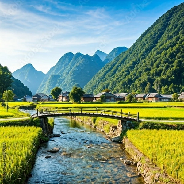 Obraz Wooden Bridge over Rice Fields