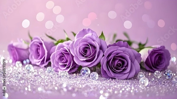 Obraz This background features a lovely arrangement of purple roses on a bed of glitter, ideal for romantic cards or wedding invitations.