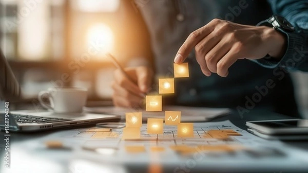 Fototapeta Startup manager creating a priority matrix on a digital dashboard, guiding team focus, focus, prioritization, leadership